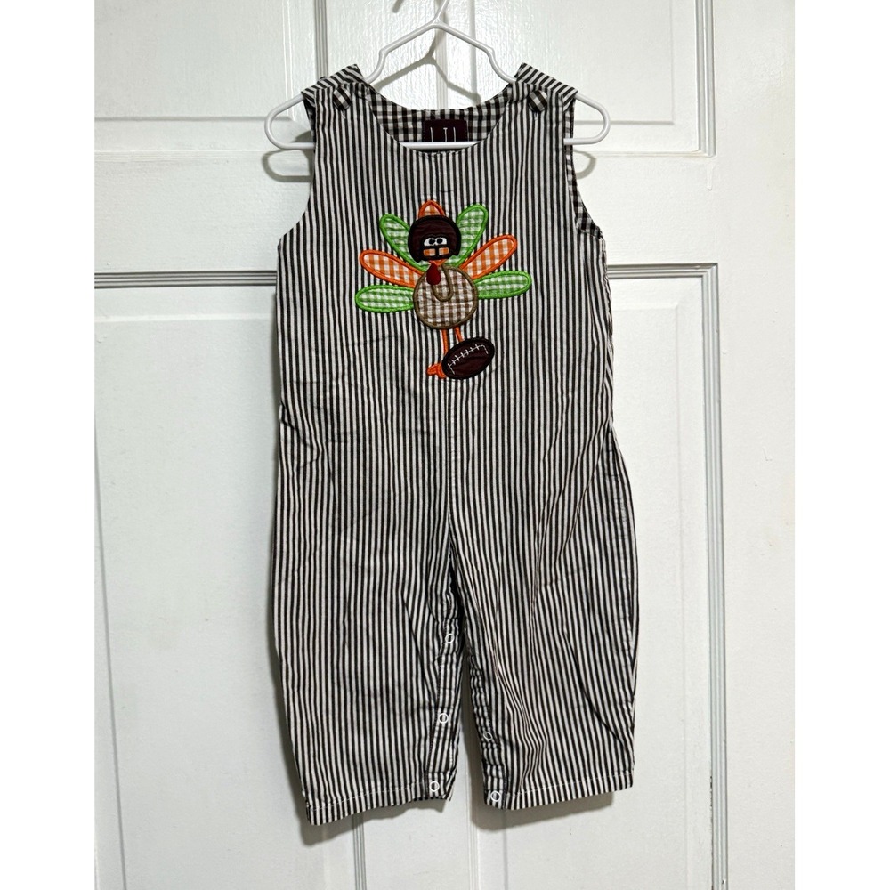 Thanksgiving 18-24M Football Fall Turkey Embroidered Jon Jons One Piece